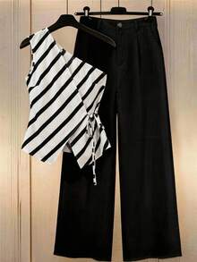 Áo kiểu nữ thanh lịch trễ vai, thắt eo, kẻ sọc, phù hợp mặc hàng ngày, công sở và hẹn hò. - Nhiều màu - Xem 1