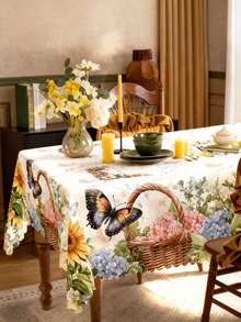 1pc Vintage Floral Tablecloth With Lace Trim, Watercolor Butterfly, Hydrangea, Sunflower And Vintage Truck Print, Waterproof And Stain-Resistant Polyester Tablecloth, Washable For Restaurant Decor, Suitable For Kitchen, Living Room, Spring Home And Mother's Day Party - Multicolor - View 2