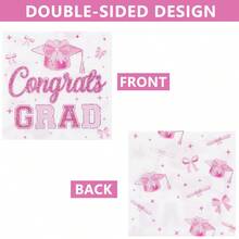 20张/40张/100张白色背景粉色蝴蝶结毕业派对餐巾纸，一次性毕业祝贺餐巾纸，男女皆宜。 - 白底 - 查看 3