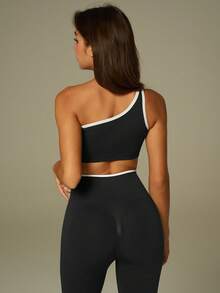 UONNOU 两件套女士无缝单肩露脐运动上衣+高腰塑形紧身裤套装，时尚健身瑜伽休闲服 - 黑色 - 查看 6