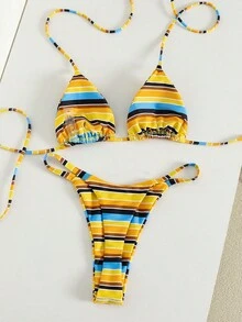 女士性感简约时尚两件式泳衣套装，双面条纹印花挂脖系带沙滩度假约会装，春夏新品 - 條紋 - 查看 2