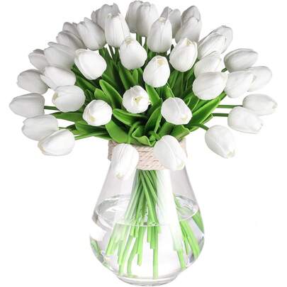 30支人造郁金香，PU材质，白色，触感逼真，适用于情人节、春季、复活节、家居厨房、婚礼装饰和新年装饰