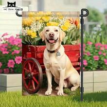 2D Flat - 2D Flat - 1pc A 12X18 Inch Double-Sided Garden Flag Featuring An Adorable Yellow Labrador Puppy Surrounded By Tulips And Daffodils. Made From Durable Polyester - A - View 3