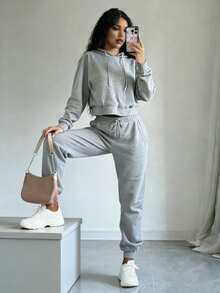 Conjunto deportivo de pants con sudader de manga larga con cordones con abertura en la parte de adelante - Gris - Ver 8