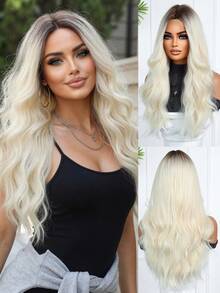 渐变色24英寸中分长卷发假发，优雅时尚，适合女性佩戴，采用耐热合成纤维机织而成，适合日常佩戴、旅行、派对和节日场合，是送给女孩的理想节日礼物。 - 漸變金色 - 查看 3