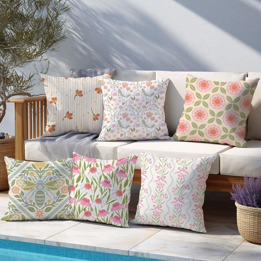 6pcs Minimalist Geometric Floral Pillow Covers, Single-Sided Printed Peach Velvet Material, 45*45/50*50/40*40CM Cushion Covers Suitable For Modern Minimalist Sofa Living Room Decor, Gift, Party Decoration - Multicolor-6PC - View 1