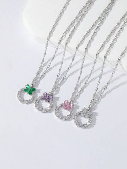 1pc Cute, Elegant Vintage Coin-Inspired Colorful Sparkling Zirconia Butterfly & Round Pendant Necklace, Versatile Daily Wear, Great Gift For Friends, Birthday, Graduation, Wedding