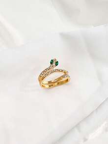 这款精致优雅的蛇形开口可调节扭纹缠绕戒指，镶嵌水钻，绿眼镶满钻石，是一款适合日常佩戴和万圣节的完美珠宝饰品。 - 彩色 - 查看 4