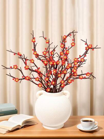 1pc Elegant Red Faux Pearl Handmade Artificial Plum Blossom, Mothers Day Gift, Floral Arrangement Suitable For Wedding, Garden, Home, Desk Decor