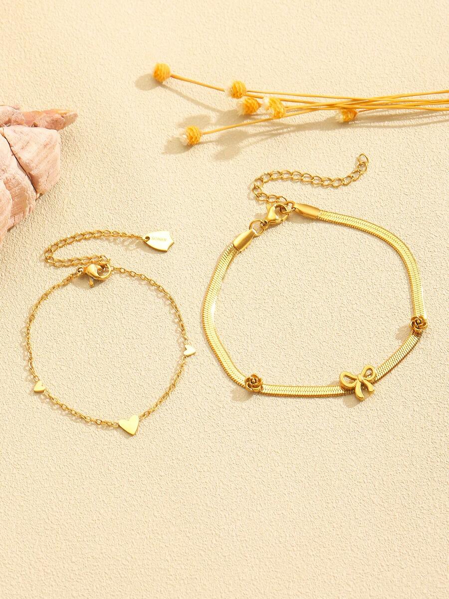 2 piezas Elegante pulsera de acero inoxidable de doble capa con lazo, accesorio minimalista y versátil para mujeres, adecuado para uso diario y fiestas, un gran regalo para amigos