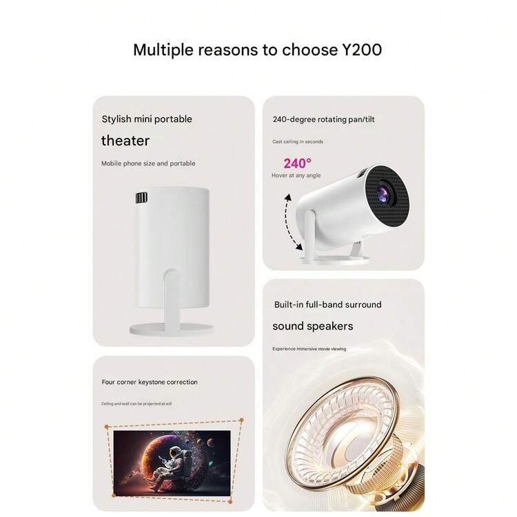 YH200迷你便携式智能投影仪，USB供电，兼容智能手机和平板电脑。它拥有360 ANSI流明亮度，支持2.4G和5.0无线连接，内置Hi-Fi立体声，支持1080p高清播放，适用于办公室会议、客厅、卧室、露营、户外活动、音乐节、派对、观看体育赛事等场合。 - 彩色 - 查看 11