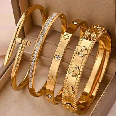 4/1 Pieza Conjunto de pulseras de mujer de acero inoxidable chapado en oro de 18K, pulsera de flor de cinco hojas 3D, pulsera de flor de cuatro hojas, pulsera de flor de cuatro hojas con rhinestones de alta calidad, resistente al agua y resistente a la decoloración, adecuado para uso diario, fiestas, regalos para amigos y familiares, Día de San Valentín, Navidad