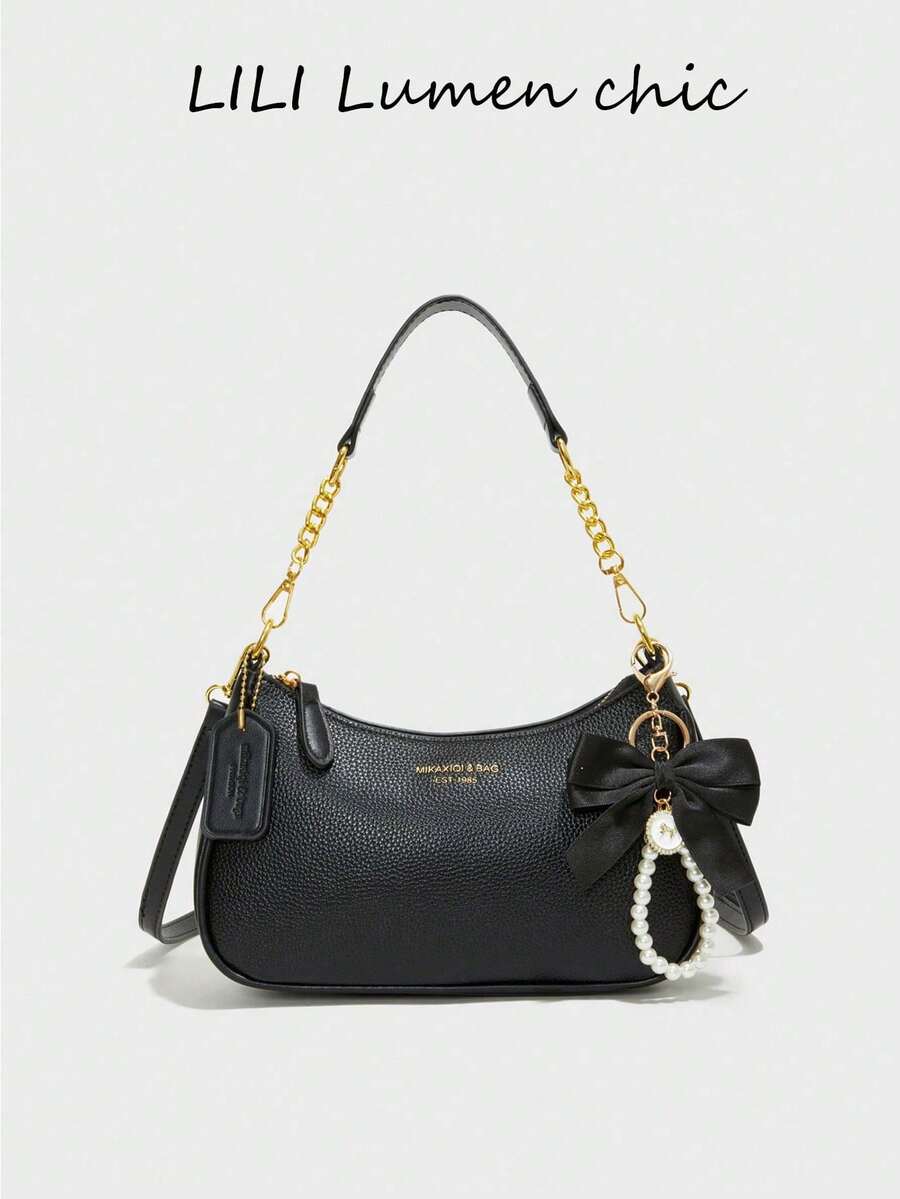 New Classic Wild Letter Decor Design Solid Color Waterproof PU Crescent Shoulder Bag, Suitable For Shopping, With Cherry Pendant Decoration, Summer Crescent Bag, Beach Vacation, Student Season, Ladies Handbag - Black - View 1
