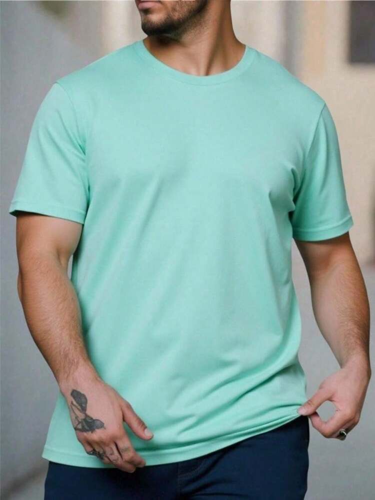 PLAIN ROUND NECK SHORT SLEEVE T-SHIRT - Màu xanh Bạc hà - Xem 4
