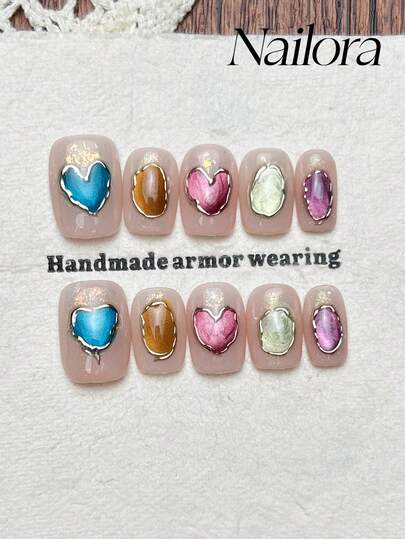 10片手工方形美甲贴片，短款，简约粉色美甲，手绘心形蓝粉绿渐变色，闪亮猫眼，简约优雅奢华手工人造指甲，春季美甲，夏季美甲贴片，多功能美甲DIY假指甲，适合派对、日常、约会、海滩、热带度假等场合，可重复使用，送给女性和女孩的礼物，美甲用品