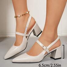 Sandalias de tacón grueso de plataforma para adolescentes, sandalias de punta puntiaguda de cuero, zapatos de estudiante con hebilla de moda y fácil de poner - Beis - Ver 8