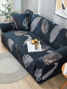 1pc Stretch Full Cover Sofa Slipcover, Leaf Pattern, Modern Polyester Fabric, Machine Washable, Protects Sofa, Dust & Dirt Resistant (Includes 1pc Pillow Cover As Gift) - Dark Grey - View 4