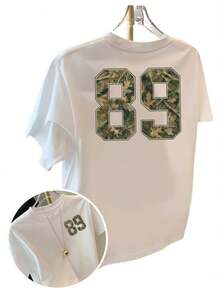 T-shirt imprimé avec motifs recto verso, motif camouflage, modèle numéro 89, t-shirt femme à manches courtes et col rond, coupe confortable, design classique, pièce tendance, haut femme imprimé recto verso. - Blanc - Voir 7