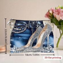 1pc Diamond High Heel & Denim Design Cosmetic Bag, 2D Printed Makeup Pouch With Zipper Closure, Women's Travel Toiletry Organizer, Casual Fashionable Daily Essential, Stylish Accessory, High-Quality Printing, Beauty Necessity, 2D Flat Design - Multicolor - View 10