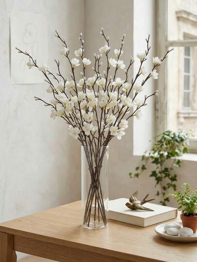 Artificial White Plum Blossoms, 21.7 Inches, Sweet Spring-Like Long-Stemmed Plastic Flowers, Come With A Vase, Suitable For Home Decor, Wedding Table Centerpieces, Living Room Decorations, Hotels, Offices, Weddings, Parties, And Garden Decorations.
