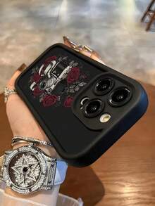 Modische, beliebte, personalisierte, vintage Kamera mit Rosen und Filmstreifen Muster Design Luxus stoßfeste ästhetische süße Handyhülle, Soft-Touch ultimativer Griff, wasserdicht, schmutzabweisend, Stoßschutz mit Kameraabdeckung, kompatibel mit iPhone 17/17Pro/17Pro Max, 16,15,14, 13, 12, 11 Plus/Pro Max und Serie, geeignet für Galaxy S20,S21,S22, S23, S24, S25,26PLUS ULTRA Serie - Schwarz - Übersicht 4