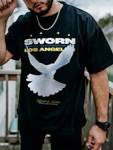 FRACTYR 男士夏季休闲街头励志标语和平鸽印花T恤 | 洛杉矶街头风上衣 - 黑色 - 查看 1