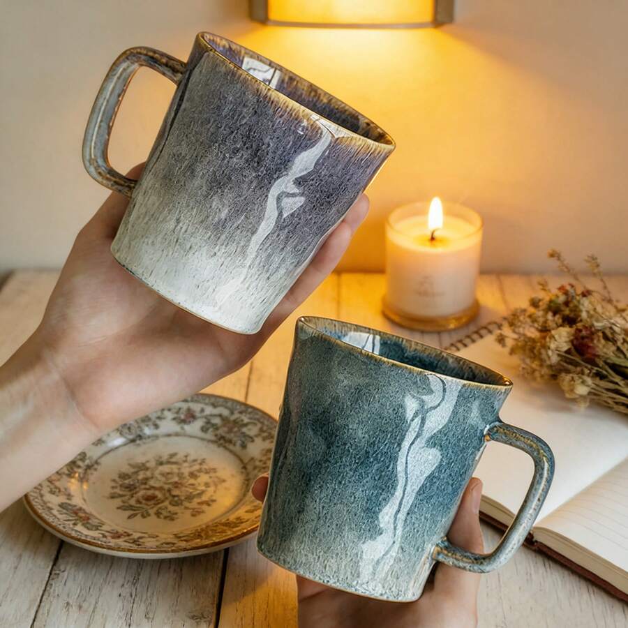 Cốc sứ tráng men cổ điển 400ml với họa tiết dòng nước chảy, cốc sứ dung tích lớn, cốc đôi cùng kiểu, cốc nước cao cấp dùng được trong lò vi sóng, thích hợp cho gia đình và bữa sáng. - Nhiều màu - Xem 1