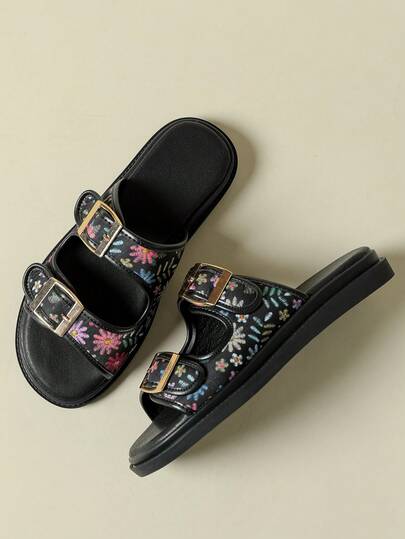 Women's Strap Buckle Sandals, Low Heel Thick Sole, Colorblock Ditsy Floral Bohemian Style Retro Casual Slip-On Flat Comfortable Maternity Shoes, Summer New Open Toe Wedge Low Heel Non-Slip Beach Sandals, Asymmetrical Ditsy Floral Breathable Elegant Dress Casual Sports Birkenstocks, Size 3-13