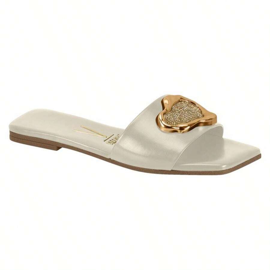 Vizzano Soft Leather Flat Slide Sandals With Modern Golden Detail - Trắng ngà và Vàng - Xem 1