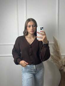 Women's Short Knit Jacket With Buttons, Elegant Winter Fashion Cardigan, Puff Sleeves, New Arrival, Long - Óxido marrón - Ver 2