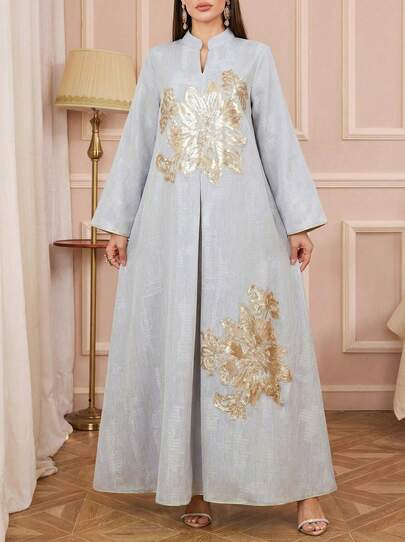 Solessence Women's Elegant Long V-Neck Patchwork Gold Sequin Embroidered Kaftan Robe, Suitable For Eid Celebration, Party, Date, Casual & Loungewear