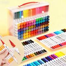 Set nou de pixuri colorate cu două capete, 1/12/24/36 de culori, inclusiv marker pentru acuarelă, cap de pensulă lavabil și pix cu cârlig cu două capete fine - un instrument de desen profesional potrivit pentru pictură, caligrafie, creație artistică și design de fonturi. - Multicolor - Vizualizare 3