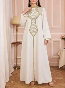 Solessence Women's New Ramadan Embroidered Round Neck Long Sleeve Dress, Suitable For Eid Al-Fitr, Eid Al-Adha, Party, Home, And Daily Wear - White - View 1