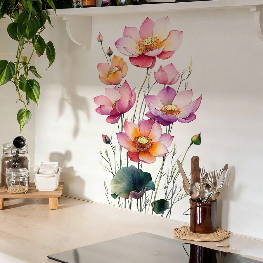 1/4pcs Watercolor Lotus Flower Wall Stickers, Removable Self-Adhesive Waterproof PVC Decals, Suitable For Decorating Living Rooms, Bedrooms, And Kitchen Backgrounds. - Wall Stickers - View 1