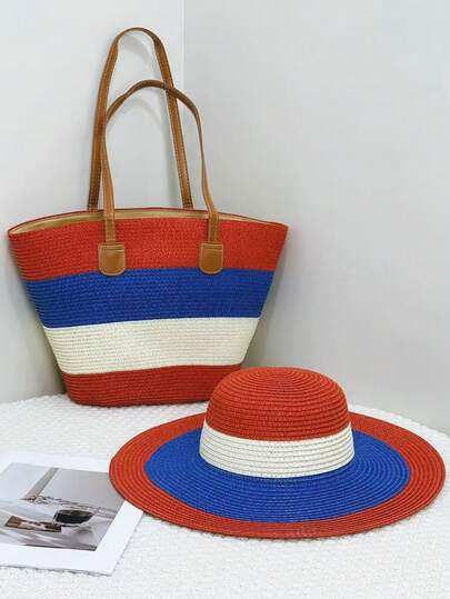 套装包含：1顶草帽+1个草编手提袋，春夏户外旅行防晒草编帽，时尚宽条纹草帽和大容量手提袋