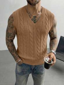 Men's V-Neck Knit Vest Solid Color Sweater, Casual Versatile Everyday Wear - Camel - View 4