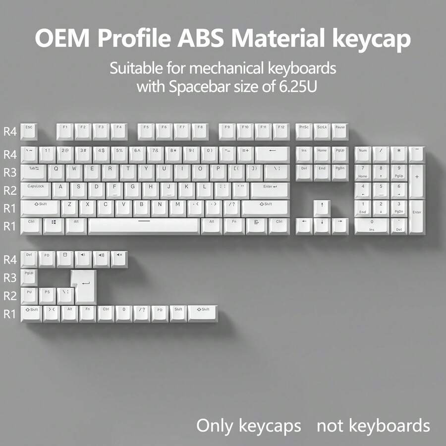 OEM Profile ABS Keycaps Set, Shine-Through Backlit Keycaps For Cherry MX Cross Stem Switches, Compatible With 61/87/104 Keys Mechanical Keyboard, Fits 6.25U Spacebar