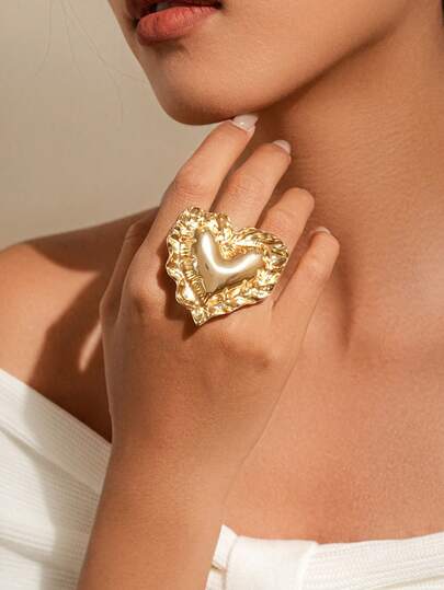 1pc Vintage Heart Shaped Adjustable Ring, Exaggerated Elegant Ruffle Decor Accessory