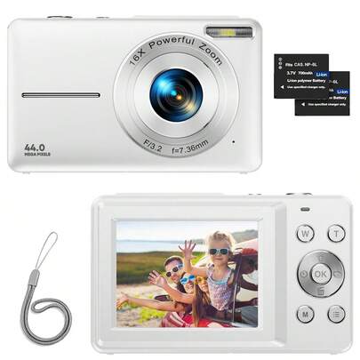 Nicamery 4400万像素全高清1080P青少年专用数码相机，16倍光学变焦，双电池供电，带挂绳，是初学者的理想礼物 [不含存储卡]