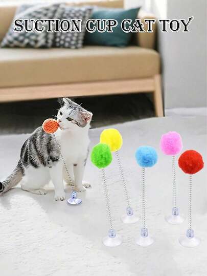Random Color Suction Cup Cat Teaser Toy, Strong Suction Cup Cat Toy, Plush Ball + Spring Rod Lollipop Rod, Pet Toy, Suitable For Active Play, Satisfy Cat's Instincts, Multiple Styles, Suitable For Cats, Release Cat's Nature