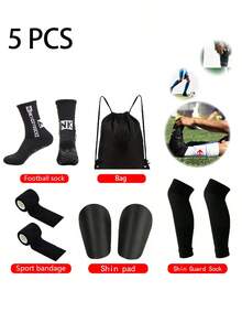 5pcs/Set Unisex Football/Basketball Sports Leg Warmers With Adhesive, Elastic Bandage, Shin Guard, Drawstring Ball Bag - Multicolor - View 3