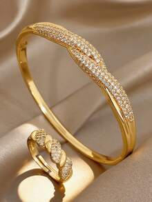 Set/1Pc Anti-Fading Luxury Elegant Pave Twisted Knot Bangle Bracelet Ring Set For Women,For Daily Party Birthday Valentine's Day, Boho/Wedding - Multicolor - View 11