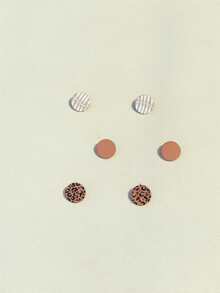 3 Pairs Ceramic Texture Leaf & Leopard Print Round Acrylic Earrings, Fashionable For Girls - Multicolor - View 5