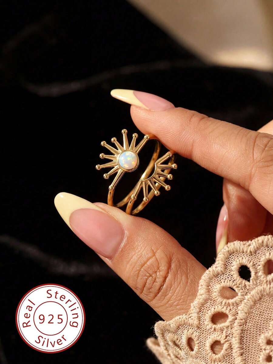 2pcs 925 Sterling Silver Twisted Sun & Moon Ring Set, Elegant Women's Rings, Exquisite Jewelry Gift, Women's Daily Fashion Jewelry - Sun Ring - View 1