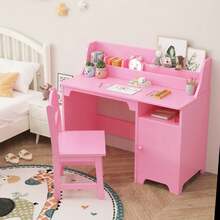 Juego de computadora y Silla para niños, computadora de Estudio para niños con Cabina, gabinete de Almacenamiento, Mesa Estudio de Madera para niños, computadora de Escritura para. - Rosa - Ver 6