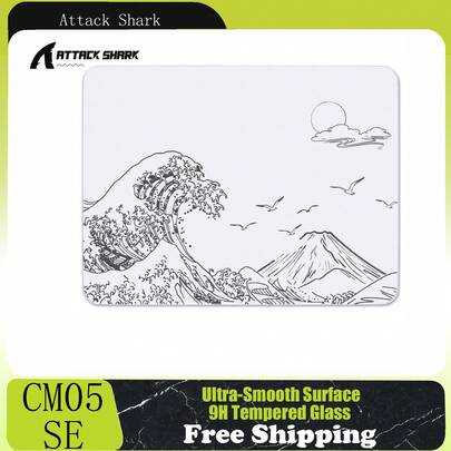  Attack Shark CM05SE 玻璃游戏鼠标垫，纳米微蚀刻纹理，光滑玻璃表面，高精度，快速移动，防刮擦，PU 皮革超防滑底座，小尺寸（410*310mm）