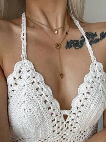 一套：2条金色不锈钢圆形蛇形链项链 + 扁平十字链黑色玻璃方形纹理锥形吊坠 - 金色 - 查看 11