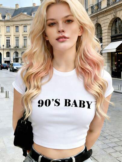 Womens Pure - Black Crop Top: Retro Vibes: Black 90s Baby Graphic Crop Top - Easy Maintenance Perfect For Seasonal Style Fashion-Forward Graphic Top