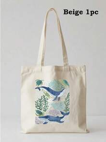 海洋生物印花帆布手提袋，轻便可重复使用，适合泳池度假日常必备 - 彩色 - 查看 30