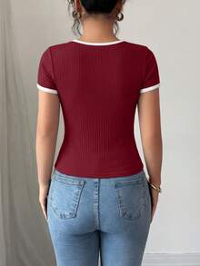 Women's Summer Short Sleeve T-Shirt Ribbed Knitted Square Collar Matching Color Slim-Fit Basic Base Casual Short Top - Wine Red - View 2
